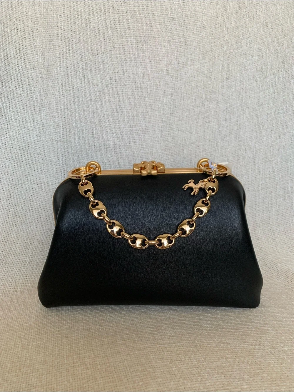 NEW Tory Burch Cleo Black Leather Small Kiss Lock Chain Handbag/Crossbody Bag